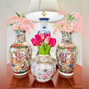 Large Vintage Matching Pair Famille Rose Medallion 14” Vases